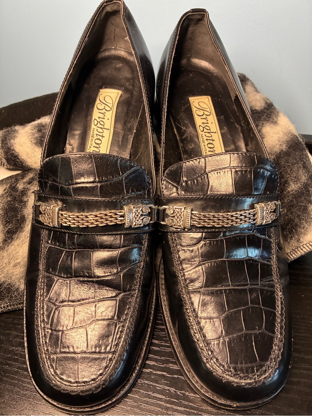 Brighton Black Croc-Embossed Leather Slip-On Loafers with Silver Braided Bit